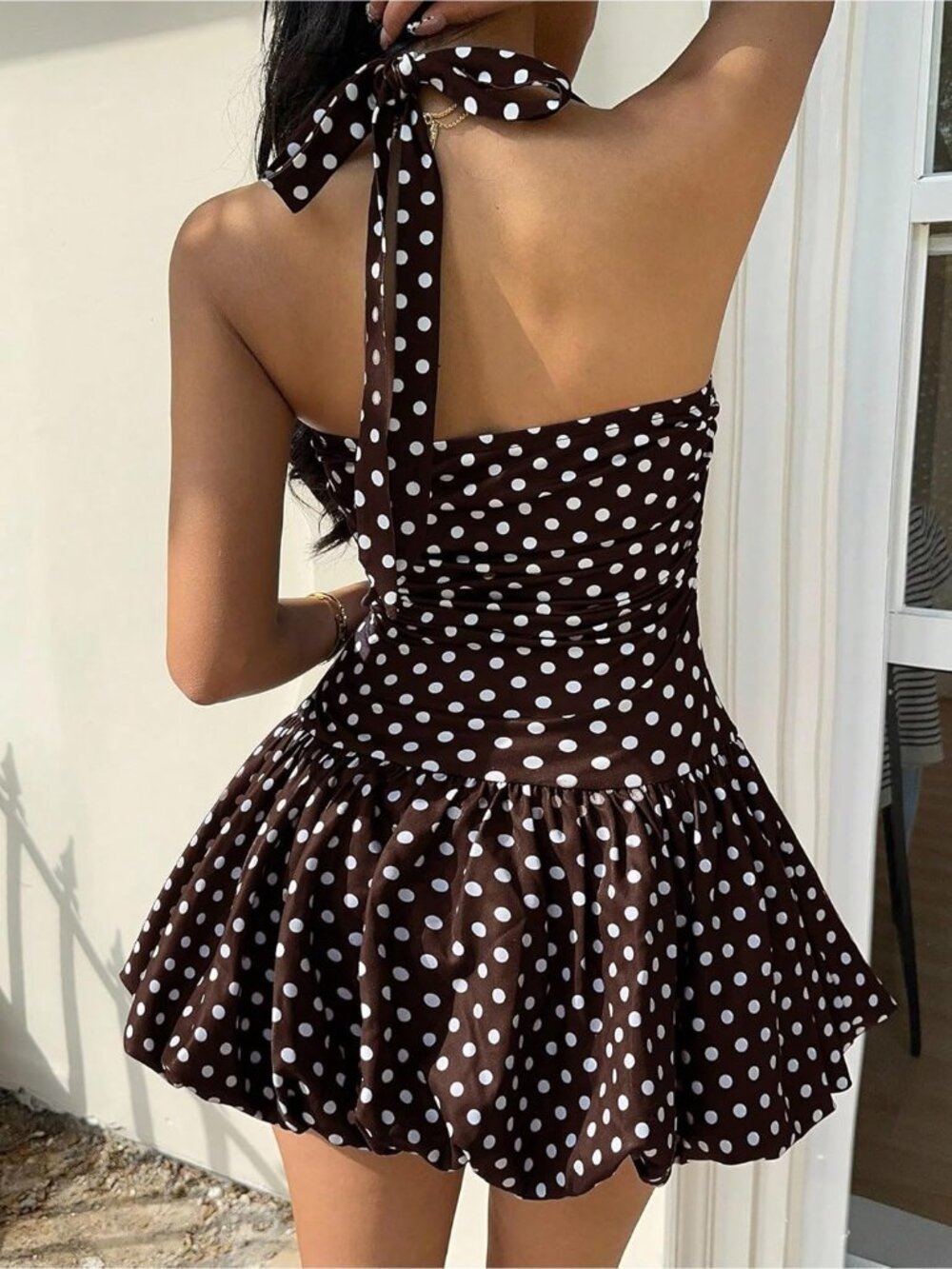 Women's Brown Polka Dot Sleeveless Halter Neck Backless Imported Mini Dress - Picture 5 of 7